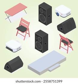 Conference hall set with meeting room equipment symbols isometric isolated vector illustration