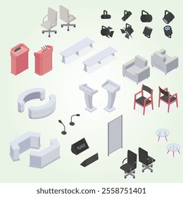 Conference hall set with meeting room equipment symbols isometric isolated vector illustration