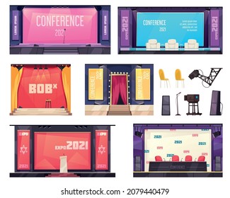 Conference hall set with presentation symbols flat isolated vector illustration