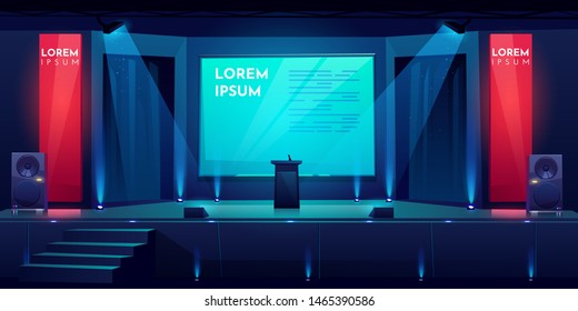 Conference hall, stage for presentation, empty dark scene interior with tribune, microphone, glowing spotlights illumination, huge screen and acoustic dynamics by sides, Cartoon vector illustration