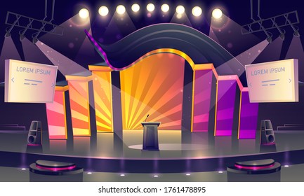 Conference Hall, Stage For Presentation, Empty Scene Interior With Tribune, Microphone, Glowing Spotlights Illumination, Decor, Huge Screens And Acoustic Dynamics By Sides, Cartoon Vector Illustration