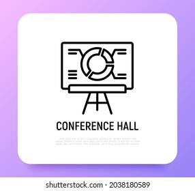 Dünnliniensymbol in der Konferenzhalle, Tafel mit Diagramm zur Präsentation. Moderne Vektorgrafik.