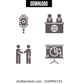conference icon. 4 conference vector set. news reporter, microphone, presentation and meeting icons for web and design about conference theme