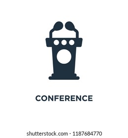 Conference icon. Black filled vector illustration. Conference symbol on white background. Can be used in web and mobile.