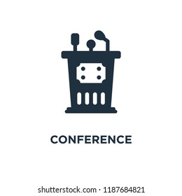 Conference icon. Black filled vector illustration. Conference symbol on white background. Can be used in web and mobile.