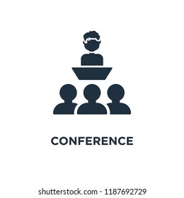 Conference icon. Black filled vector illustration. Conference symbol on white background. Can be used in web and mobile.