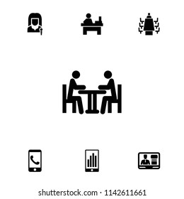 Conference icon. collection of 7 conference filled icons such as table, tv speaker, meeting, phone call, graph on display. editable conference icons for web and mobile.