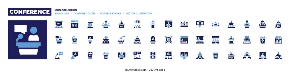 Conference icon collection. Bold style. Duotone colors. onlineconference, conference, pressconference, politics, presentation, lectern, screen, speech.