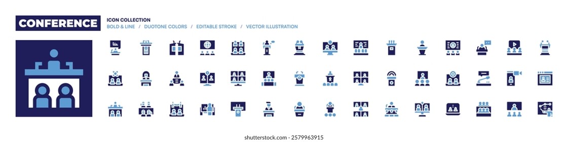 Conference icon collection. Bold style. Duotone colors. conference, meeting, virtualevent, lectern, presentation, podium, videoconference, debate.