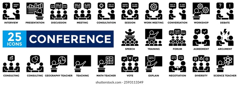 Conference icon collection set. Containing interview, meeting, workshop, discussion, teaching, speech, training icon. Simple solid vector illustration.