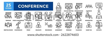 Conference icon collection set. Containing design Speaker, Online Meeting, Presentation, Audience