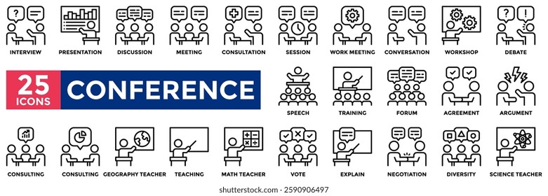Conference icon collection set.Containing  interview, meeting, workshop, discussion, teaching, speech, training icon. Simple line vector illustration.