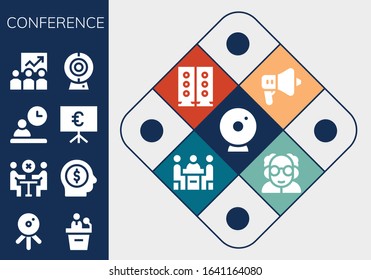 conference icon set. 13 filled conference icons.  Simple modern icons such as: Webcam, Web cam, Presentation, Meeting, Employee, Training, Cam, Speaker, Speakers, Conference, Professor