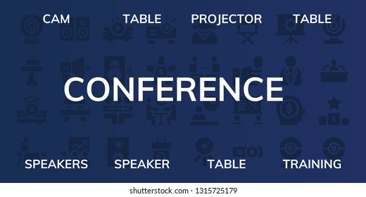 conference icon set. 32 filled conference icons. on blue background style Collection Of - Cam, Table, Projector, Speakers, Speaker, Training, Meeting, Tribune, Employee, Web cam