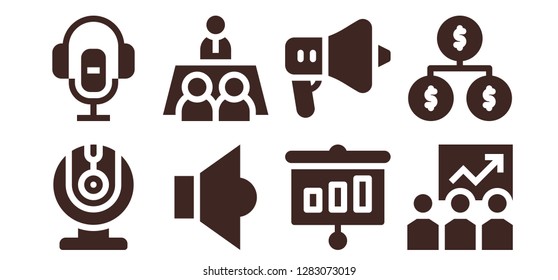 conference icon set. 8 filled conference icons. Simple modern icons about  - Webcam, Voice recorder, Speaker, Meeting, Presentation, Training, Organization