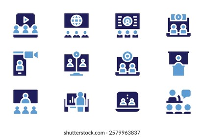 Conference icon set. Bold style. Duotone colors. online conference, learning, virtual event, video chat, videocall, presentation, video conference.