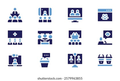Conference icon set. Bold style. Duotone colors. conference, meeting, video conference, debate, videocall, inperson.
