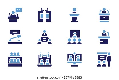 Conference icon set. Bold style. Duotone colors. conference, meeting, virtualevent, microphone, videocall, lecture, speech, classroom, debate.