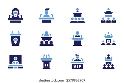 Conference icon set. Bold style. Duotone colors. conference, pressconference, lectern, politician, videoconference, speech.