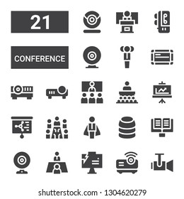 conference icon set. Collection of 21 filled conference icons included Projector, Presentation, Meeting, Webcam, Lectern, Training, Businessman, Conference, Whiteboard, Voice recorder