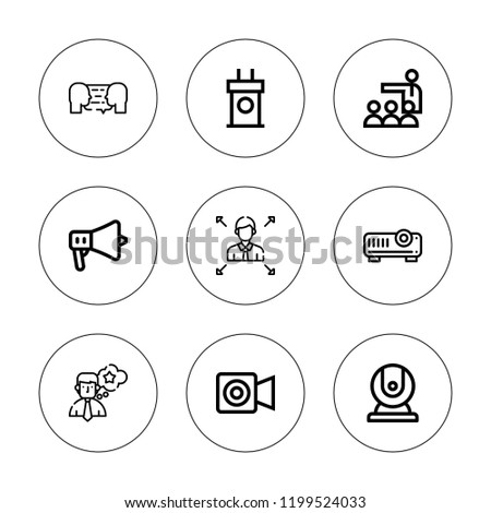 Conference icon set. collection of 9 outline conference icons with businessman, discussion, facetime, employee, meeting, projector, speaker, webcam icons. editable icons.
