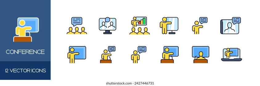 Conference icon set. Flat style. Vector icons
