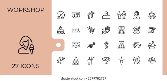 Conference icon set. Included symbol, teamwork, meeting, presentation, leader, online and more. UI icons set in a thin style. Line linear icon collection. Pixel perfect. Vector collections.