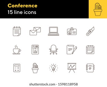 Conference icon set. Line icons collection on white background. Document, coffee, report. Presentation concept. Can be used for topics like start-up, office, workplace