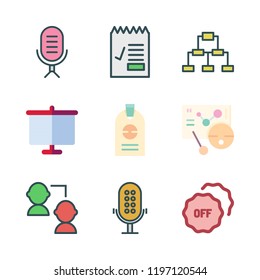 conference icon set. vector set about report id, id, microphone and network icons set.