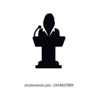 Conference icon vector female person on podium symbol with microphone in glyph pictogram. Female person on podium symbol for public speech with microphone vector design and illustration.