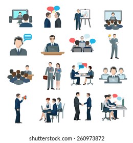 Conference icons flat set with business people workgroup communication isolated vector illustration