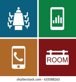 Conference icons set. set of 4 conference filled icons such as meeting, room tag, phone call