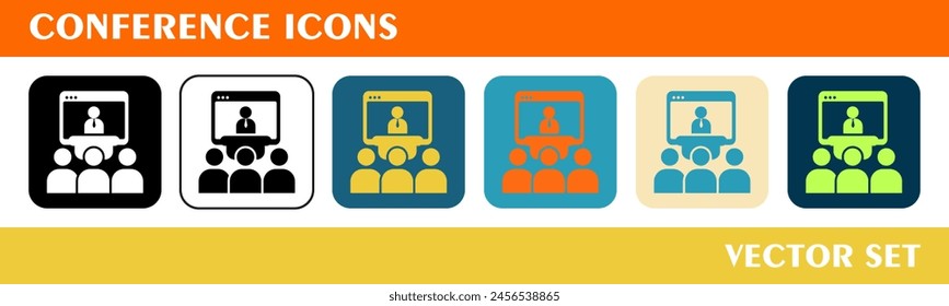Conference icons set. 6 style icons with various colors. For sign, symbol, web design or web graphics. 