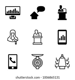 Conference icons. set of 9 editable filled and outline conference icons such as graph on display, speaker, home message, woman speaker, meeting, spy camera