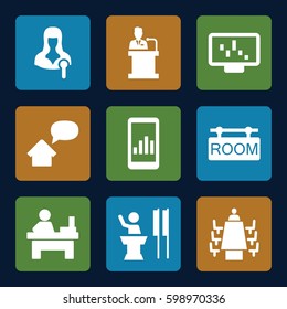 conference icons set. Set of 9 conference filled icons such as table, woman speaker, meeting, speaker, room tag, home message 