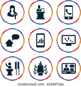 Conference icons set. set of 9 conference filled icons such as woman speaker, tv speaker, meeting, speaker, home message, phone call