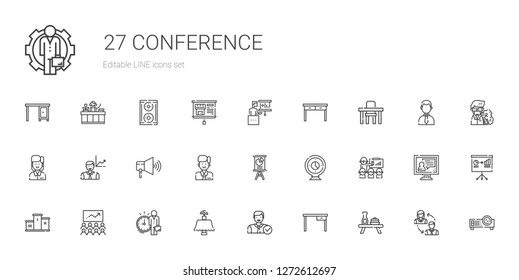conference icons set. Collection of conference with table, employee, class, podium, presentation, webcam, speaker, projector, employees. Editable and scalable conference icons.
