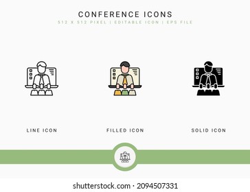 Conference icons set vector illustration with solid icon line style. Online video webinar concept. Editable stroke icon on isolated background for web design, user interface, and mobile app