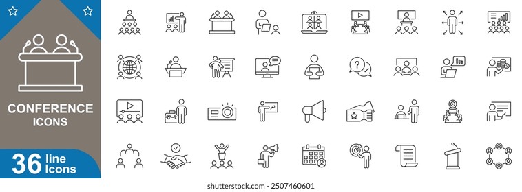 Conference icons set vector illustration. Networking, speaker, presentation, attendee, schedule, workshop, venue, registration, exhibition and more. vector illustration.