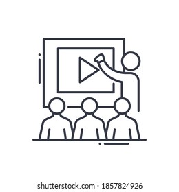 Icono de imagen de conferencia, ilustración lineal aislada, vector de línea delgada, signo de diseño web, símbolo de concepto de contorno con trazo editable sobre fondo blanco.
