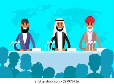 Conference International Leaders Arabic Indian Jew President, People Group Silhouettes at Conference Meeting Flat Vector Illustration