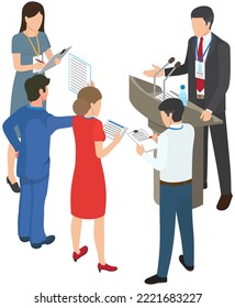Conference or interview, journalists with microphones, speaker behind podium. Business partnership cooperation beginning. Business meeting of partners in office. Male colleagues discussing work