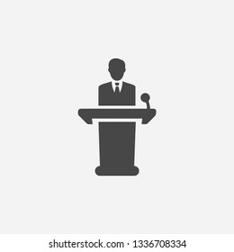 Conference Lecturer Icon Concept. Man Giving Business Speech Icon. Person Giving Public Speech With Microphone Vector Illustration.