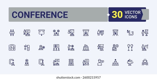 Conference line icon. Containing learn, education, training, consulting, presentation and more. Workshop icon set in linear style. Collection for mobile and web apps. Vector line and solid icons.