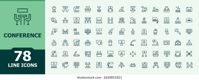 Conference line icon set. Includes symbols for meet, team, work, presentation, business and more. Seminar simple icon set. Minimalist icons pack. Editable stroke. Vector illustration.