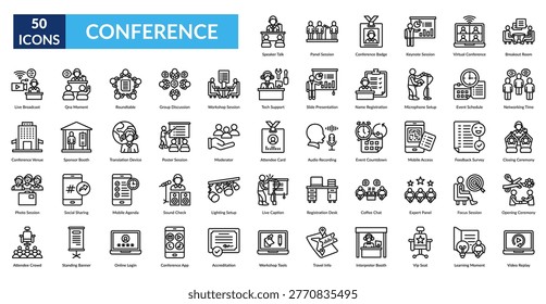Conference Line Icon Set. Speaker Talk, Panel Session, Conference Badge, Keynote Session, Virtual Conference, Breakout Room, Networking Time
