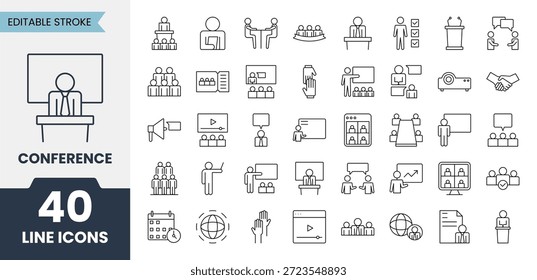 Symbole für Konferenzzeilen mit bearbeitbarem Strich. Enthält Symbole zu Präsentation, Workshop, Diskussion, Lehre, Wirtschaft, Videokonferenz, Call Group, Webinar und mehr. Vektorgrafik
