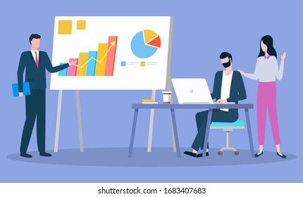 Conference or meeting, business strategy, office workers, graphic or chart vector. Men and woman, financial statistics and analytical data, employees. Teamwork or cooperation presentation illustration