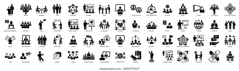 Conference, meeting, business training and team, brainstorm, seminar, interview icon set