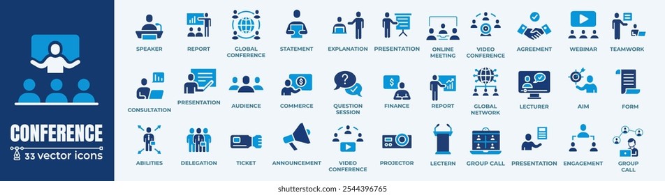 Conference, meeting, business training and team, brainstorm, seminar, interview icon set